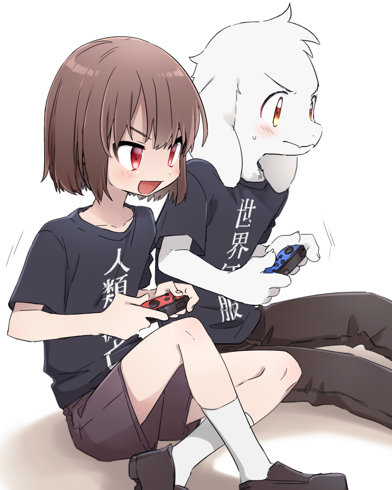 1boy, 1other, asriel_dreemurr, black_shirt, blush, bob_cut, brown_eyes, brown_footwear, brown_hair, brown_pants, brown_shorts, chara_(undertale), closed_mouth, commentary_request, fangs, feet_out_of_frame, fingernails, foot_out_of_frame, from_side, furry, furry_male, goat_boy, holding, leftporygon, loafers, looking_ahead, open_mouth, pants, playing_games, red_eyes, shadow, shirt, shoes, short_hair, short_sleeves, shorts, simple_background, sitting, skin_fangs, smile, socks, sweatdrop, undertale, v-shaped_eyebrows, white_background, white_socks