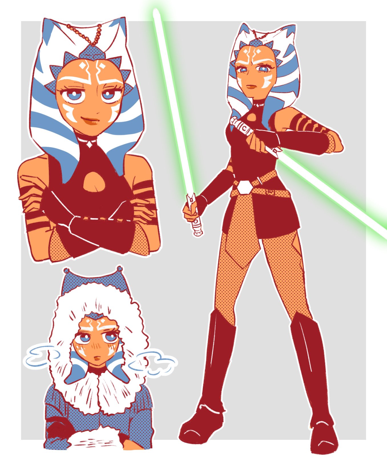 1girl, ahsoka_tano, alien, bare_shoulders, blue_eyes, blue_jacket, boots, breasts, breath, brown_lips, chawako_(spchawanmushi), cleavage_cutout, clothing_cutout, cold, colored_skin, crossed_arms, dress, dual_wielding, energy_sword, facial_mark, fingerless_gloves, fishnets, fur-trimmed_hood, fur-trimmed_jacket, fur_trim, gloves, green_lightsaber, grey_background, half-closed_eyes, halftone_texture, highres, holding, holding_lightsaber, hood, hood_up, jacket, knee_boots, lekku_(anatomy), lightsaber, looking_at_viewer, multiple_views, orange_skin, red_dress, red_footwear, red_gloves, serious, short_dress, sleeveless, sleeveless_dress, small_breasts, smile, smug, star_wars, star_wars:_the_clone_wars, sword, togruta, turtleneck, turtleneck_dress, weapon, winter_clothes