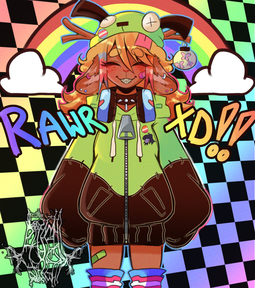 1girl, absurdres, alternate_costume, antonymph, badge, beanie, blonde_hair, braces