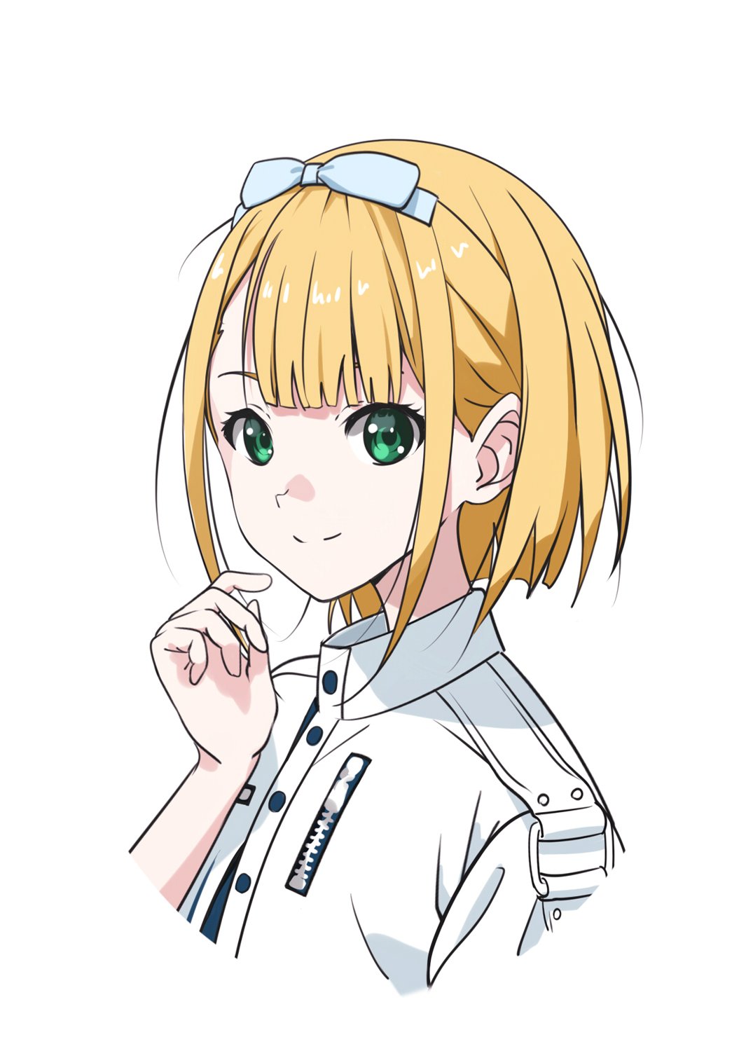 1girl, 22/7, blonde_hair, bow, center-flap_bangs, closed_mouth, dress, green_eyes, hair_bow, hand_up, highres, looking_at_viewer, matsubokkurin227, multicolored_clothes, multicolored_dress, portrait, saito_nicole, short_hair, short_sleeves, simple_background, smile, solo, white_background, white_bow