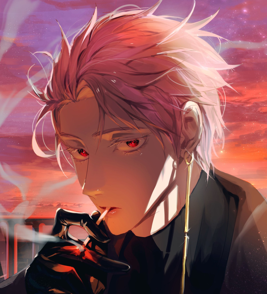 1boy, black_gloves, black_jacket, black_sweater, cigarette, colored_eyelashes, dusk, eyelashes