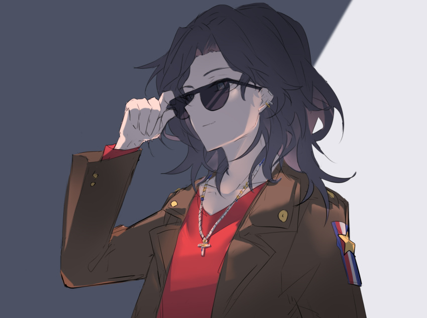 1boy, adjusting_eyewear, black_hair, brown_jacket, closed_mouth, commentary_request, cross, cross_necklace