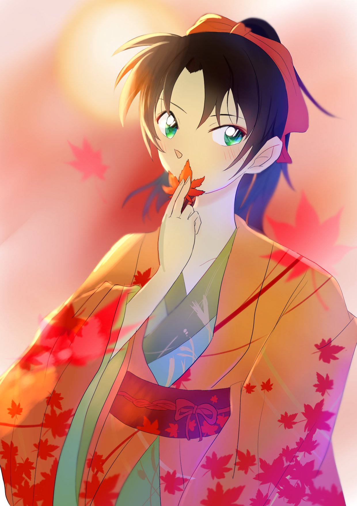 1girl, blush, brown_hair, commentary_request, eyeliner, feathers, floral_print_kimono, green_eyes