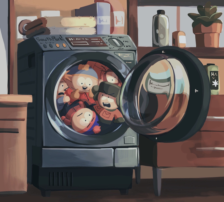 5boys, beanie, blonde_hair, blue_beanie, bottle, brown_jacket, butters_stotch, eric_cartman, hat, highres, hiyashimeso, in_washing_machine, jacket, kenny_mccormick, kyle_broflovski, male_focus, multiple_boys, orange_jacket, plant, pom_pom_(clothes), pom_pom_beanie, potted_plant, red_jacket, shelf, south_park, stan_marsh