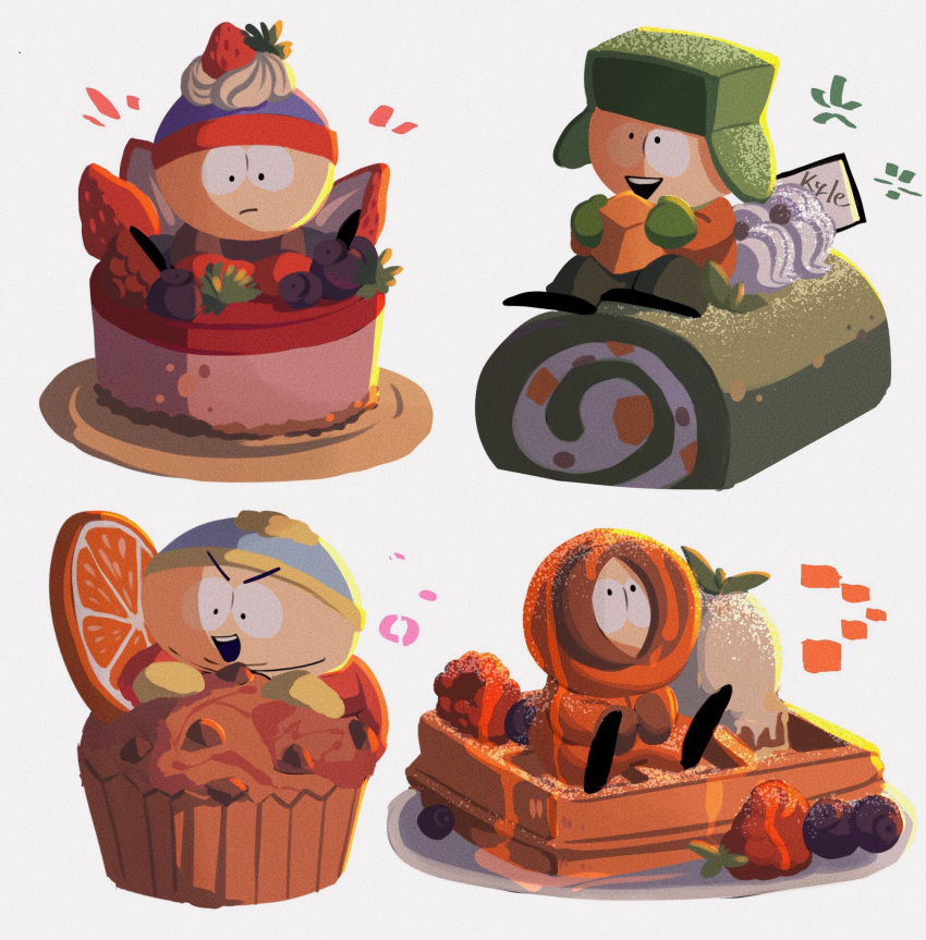 4boys, beanie, blue_beanie, blueberry, brown_jacket, brown_mittens, cake, character_name, cupcake, eric_cartman, food, fruit, green_hat, green_mittens, hat, highres, hiyashimeso, hood, hood_up, jacket, kenny_mccormick, kyle_broflovski, male_focus, mini_person, miniboy, mittens, multiple_boys, on_food, orange_(fruit), orange_jacket, orange_slice, pom_pom_(clothes), pom_pom_beanie, raspberry, red_jacket, south_park, stan_marsh, swiss_roll, waffle, yellow_mittens