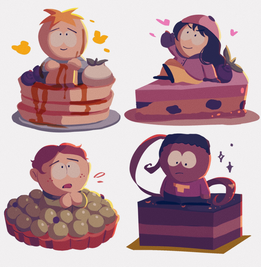 1girl, 3boys, beanie, black_hair, blonde_hair, brown_hair, butter, butters_stotch