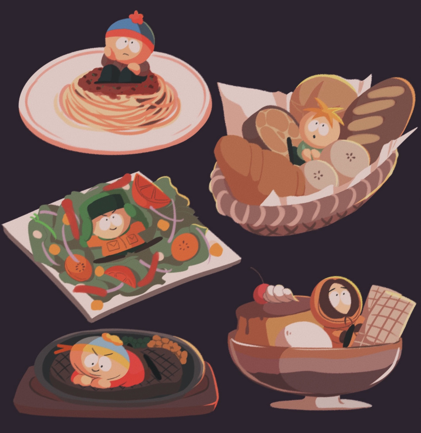 5boys, basket, beanie, blonde_hair, blue_beanie, bowl, bread, brown_background