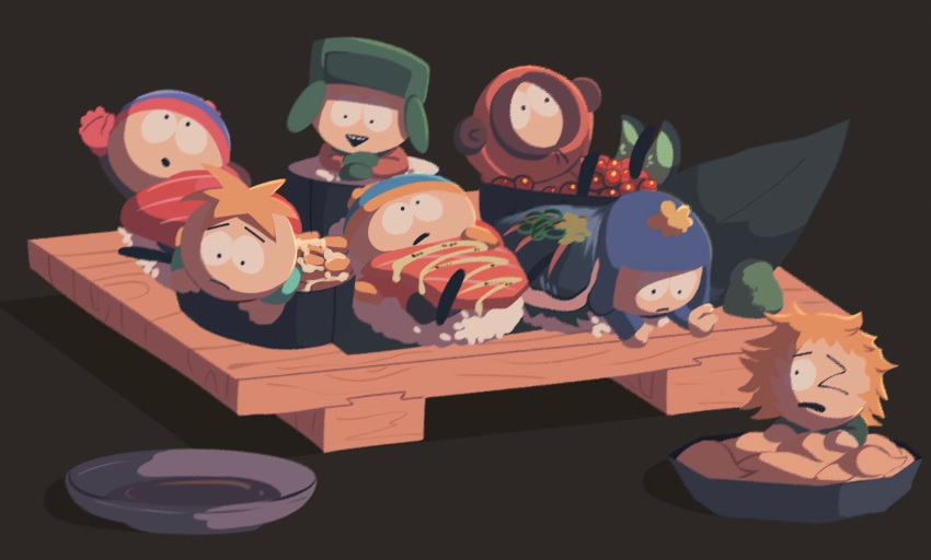 6+boys, :d, beanie, blonde_hair, blue_beanie, blue_hat, brown_background, butters_stotch