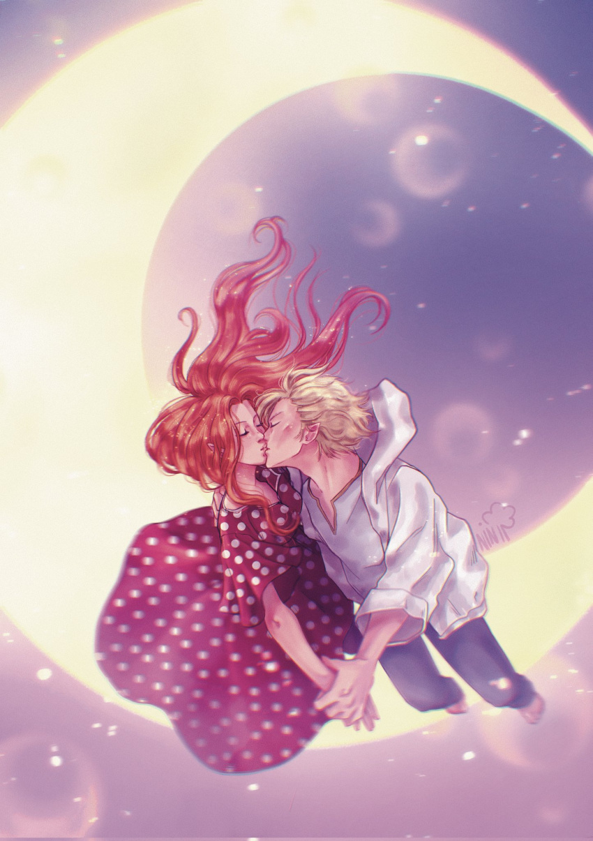 1boy, 1girl, blonde_hair, chocolat_meilleure, closed_eyes, commentary, dress, english_commentary