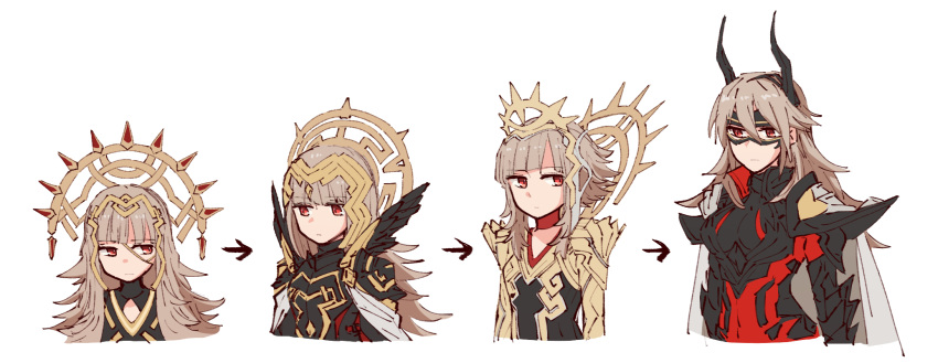 4girls, age_progression, alonemistrist, arrow_(symbol), black_dress, blunt_bangs, cape, closed_mouth