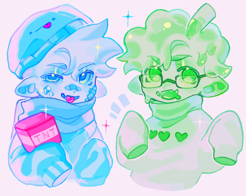 2boys, asvinbobobo, block_(minecraft), blue_skin, chinese_commentary, colored_skin, commentary_request, dream_smp, explosive, fangs, gem, glasses, green_skin, highres, looking_at_viewer, male_focus, minecraft, minecraft_youtube, monster_boy, multiple_boys, pointy_ears, short_hair, skeppy, skin_fangs, sleeves_past_fingers, sleeves_past_wrists, slime_boy, slimecicle, sparkle, tnt, tnt_block_(minecraft), tongue, tongue_out
