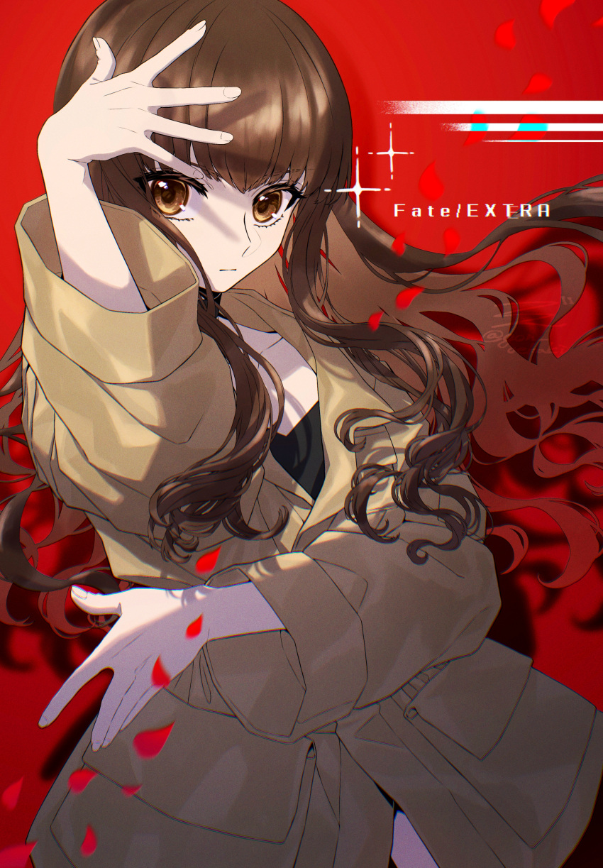 1girl, absurdres, brown_eyes, brown_hair, brown_jacket, closed_mouth, commentary_request, copyright_name