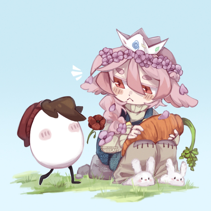 1boy, 1other, animal_ears, beanie, blush, braid, brown_hair, carrot