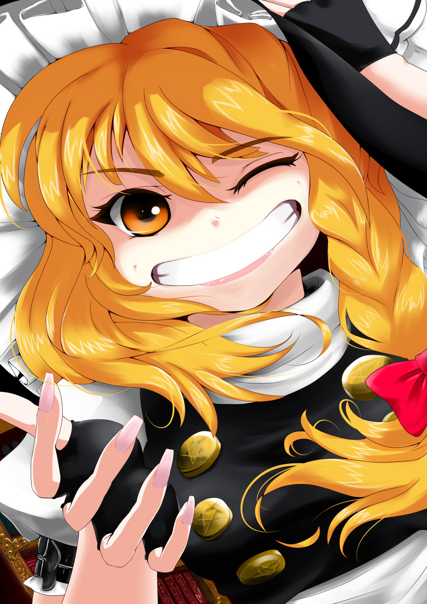 absurdres, blonde_hair, braid, face, fingerless_gloves, gloves, grin, hands