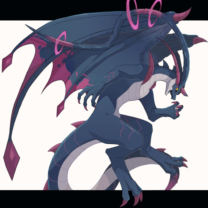 animal_focus, claws, dragon, dragon_village_collection, from_side, full_body, highres, horns, kitsune_suna08, letterboxed, long_horns, looking_at_viewer, no_humans, open_mouth, outside_border, profile, scales, simple_background, slit_pupils, solo, tail, valefor_(dvc), white_background, wings, yellow_eyes