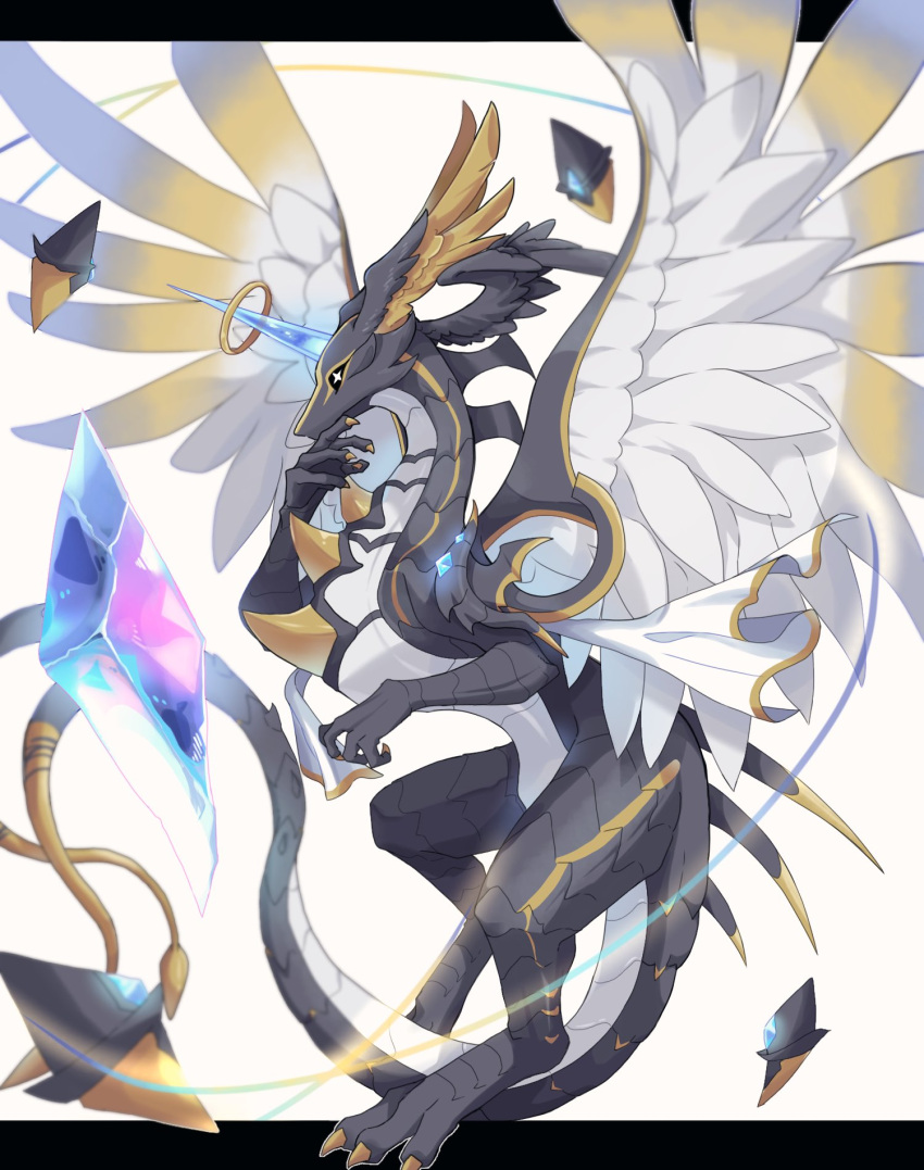 animal_focus, black_sclera, bright_pupils, claws, colored_sclera, cross-shaped_pupils, crystal, dragon, dragon_village_collection, feathered_wings, forked_tail, from_side, full_body, halo, hand_on_own_face, head_wings, highres, kitsune_suna08, letterboxed, looking_at_viewer, monster, multiple_wings, no_humans, outside_border, scales, solo, spikes, symbol-shaped_pupils, tail, temiz_(dvc), unicorn_horn, white_pupils, wings