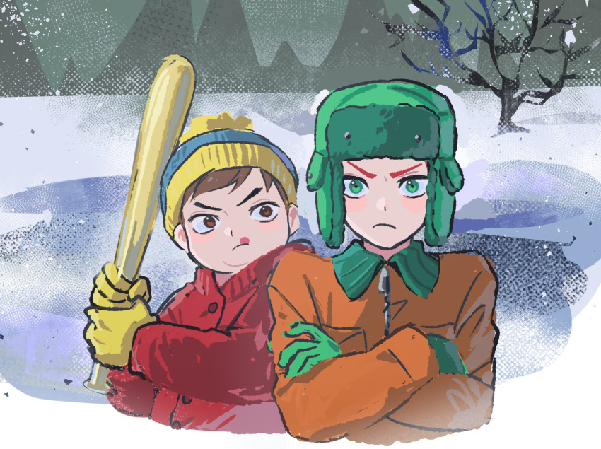 2boys, bare_tree, baseball_bat, beanie, blue_beanie, brown_eyes, brown_hair, crossed_arms