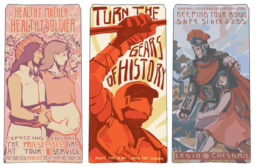 2boys, 3girls, absurdres, caesar's_legion, cape, english_text, fallout:_new_vegas, fallout_(series)