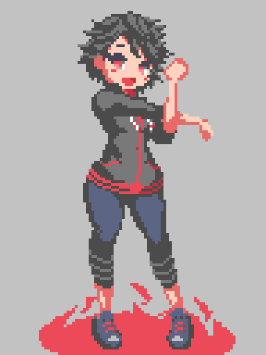 1girl, :d, akaba_yukino, black_hair, black_jacket, blue_footwear, blue_pants, blush
