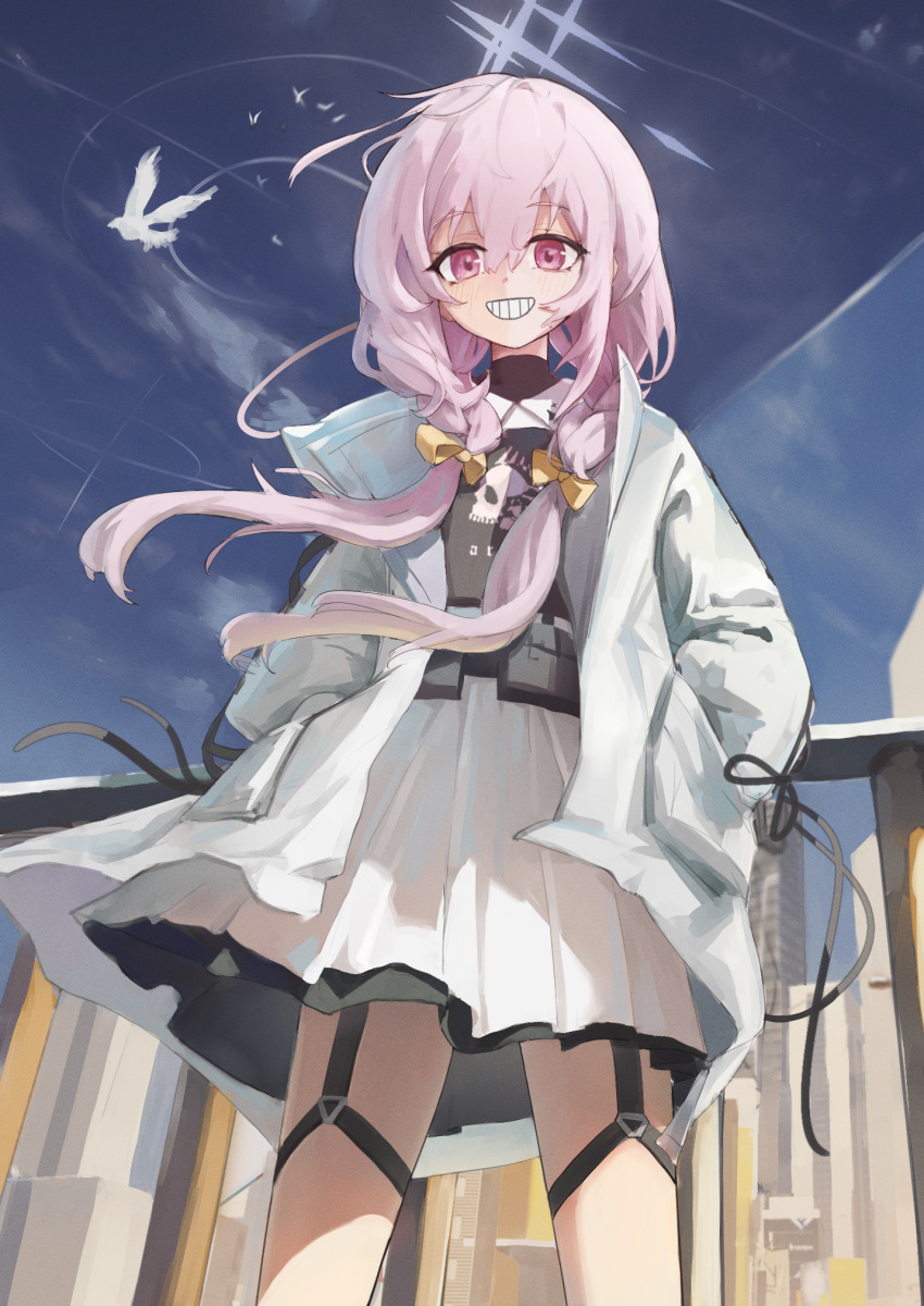 1girl, atsuko's_grin_(meme), atsuko_(blue_archive), blue_archive, braid, bulletproof_vest, cross-laced_clothes, cross-laced_sleeves