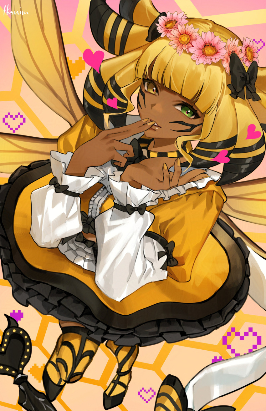 1girl, absurdres, black_hair, blonde_hair, blunt_bangs, boots, bow, crop_top, dark-skinned_female, dark_skin, final_fantasy, final_fantasy_xiv, fingers_to_mouth, flower, frilled_skirt, frills, full_body, gradient_background, green_eyes, hair_bow, hair_flower, hair_ornament, head_wreath, heart, heterochromia, highres, honey_b._lovely, insect_wings, juliet_sleeves, long_sleeves, looking_at_viewer, medium_hair, midriff_peek, multicolored_sleeves, nail_polish, parted_lips, pink_background, puffy_sleeves, shirt, skirt, solo, thigh_boots, tk_(tksnim), white_sleeves, wings, yellow_background, yellow_eyes, yellow_footwear, yellow_nails, yellow_shirt, yellow_skirt, yellow_sleeves
