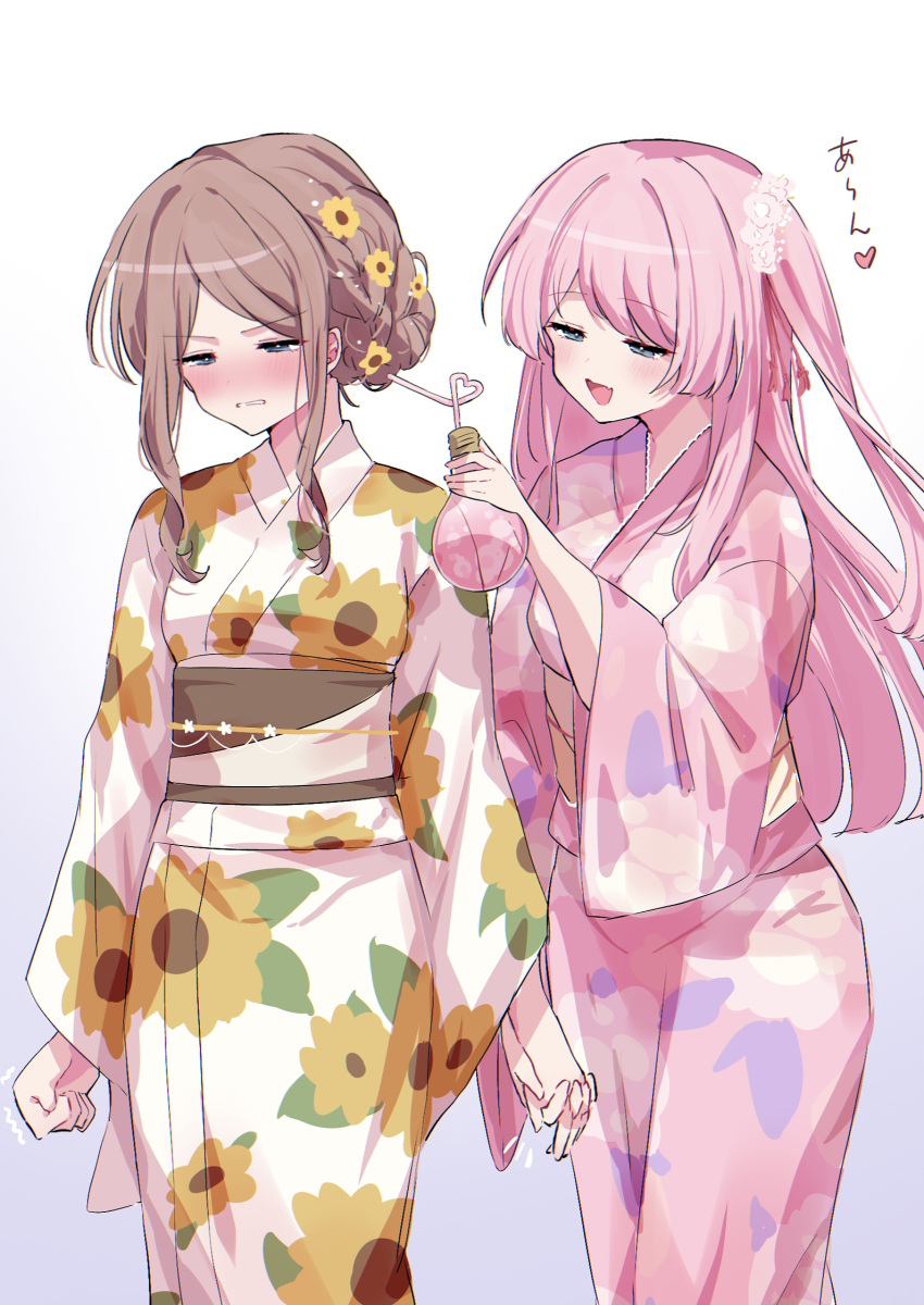 2girls, bang_dream!, bang_dream!_it's_mygo!!!!!, blue_background, blue_eyes, blush, brown_hair, chihaya_anon