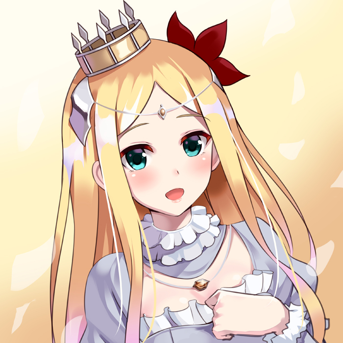 1girl, blue_dress, blush, crown, dress, flower, green_eyes, hair_flower