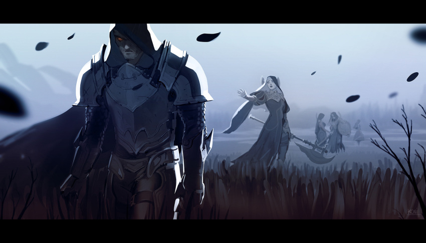 1boy, 4girls, amandine_girard, armor, beard, black_dress, cape, colored_sclera