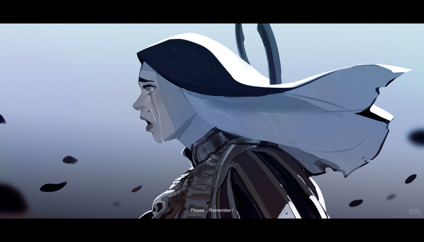 1girl, amandine_girard, commentary, crying, english_commentary, english_text, falling_petals, from_side, habit, highres, letterboxed, mole, mole_above_mouth, open_mouth, original, petals, portrait, runny_makeup, signature, solo, streaming_tears, subtitled, tears, weapon, weapon_on_back