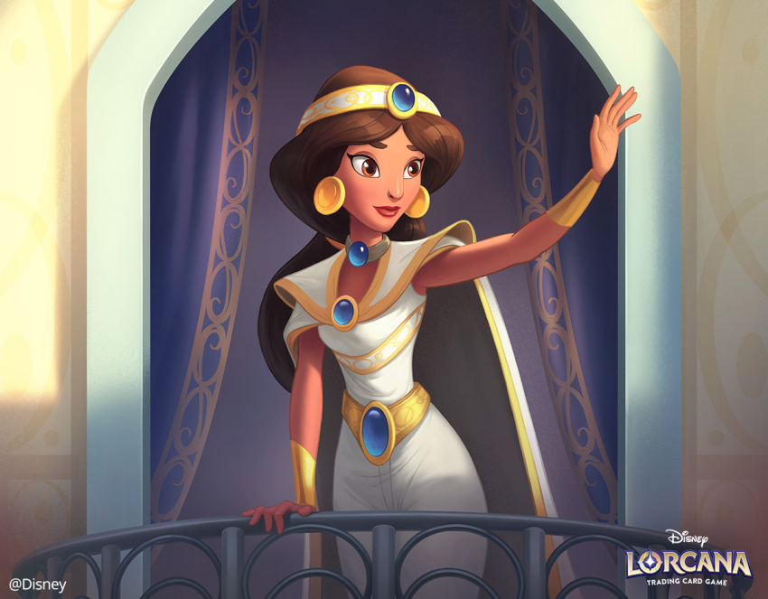 1girl, aladdin_(disney), alternate_costume, balcony, black_hair, brown_eyes, cape, copyright_name, dark-skinned_female, dark_skin, disney_lorcana, dress, earrings, english_text, jasmine_(disney), jewelry, logo, long_hair, looking_to_the_side, madboogie, outdoors, signature, solo, standing, white_cape, white_dress