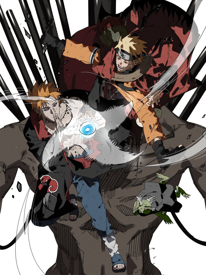 2boys, absurdres, akatsuki_uniform, dong2taku, duel, ear_piercing, forehead_protector, highres