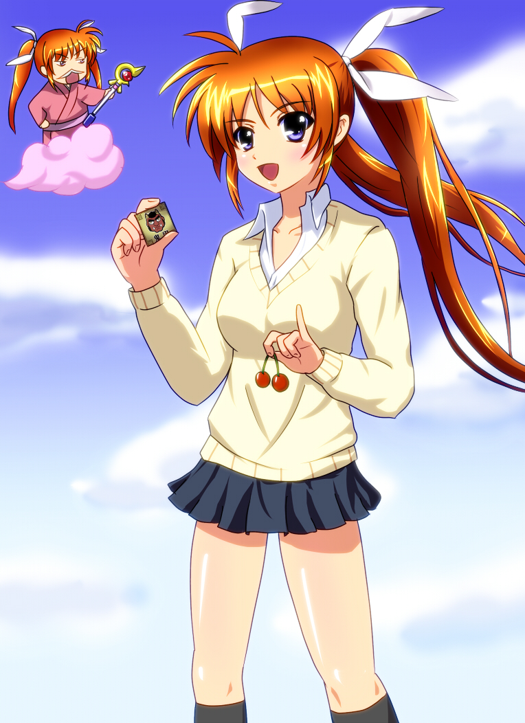 blue_eyes, brown_hair, card, cherry, cosplay, diesel-turbo, food, fruit