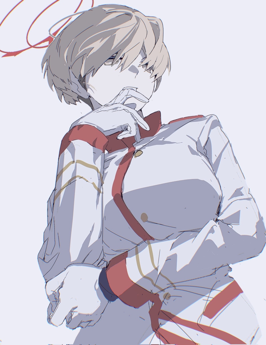 1girl, blonde_hair, blue_archive, breasts, carnivalaki, finger_to_mouth, gloves, hair_over_eyes, halo, highres, jacket, large_breasts, long_sleeves, marina_(blue_archive), military_uniform, red_halo, short_hair, simple_background, uniform, white_gloves, white_jacket, yellow_eyes