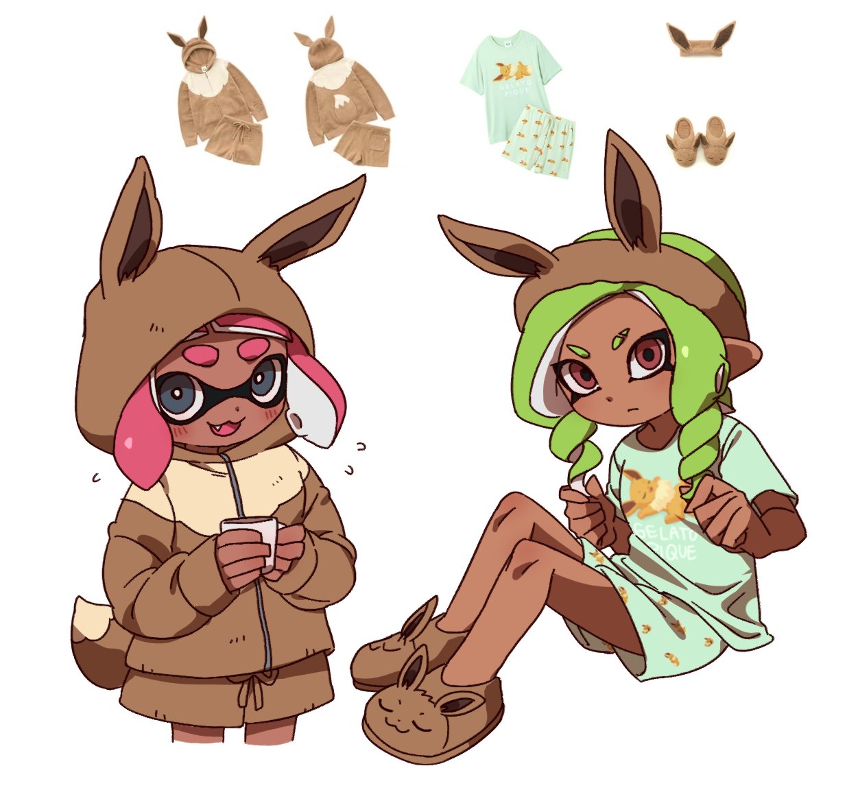 2girls, aki_(gsl_9708), animal_ear_hairband, animal_ears, animal_hood, brown_eyes, brown_footwear, brown_hairband