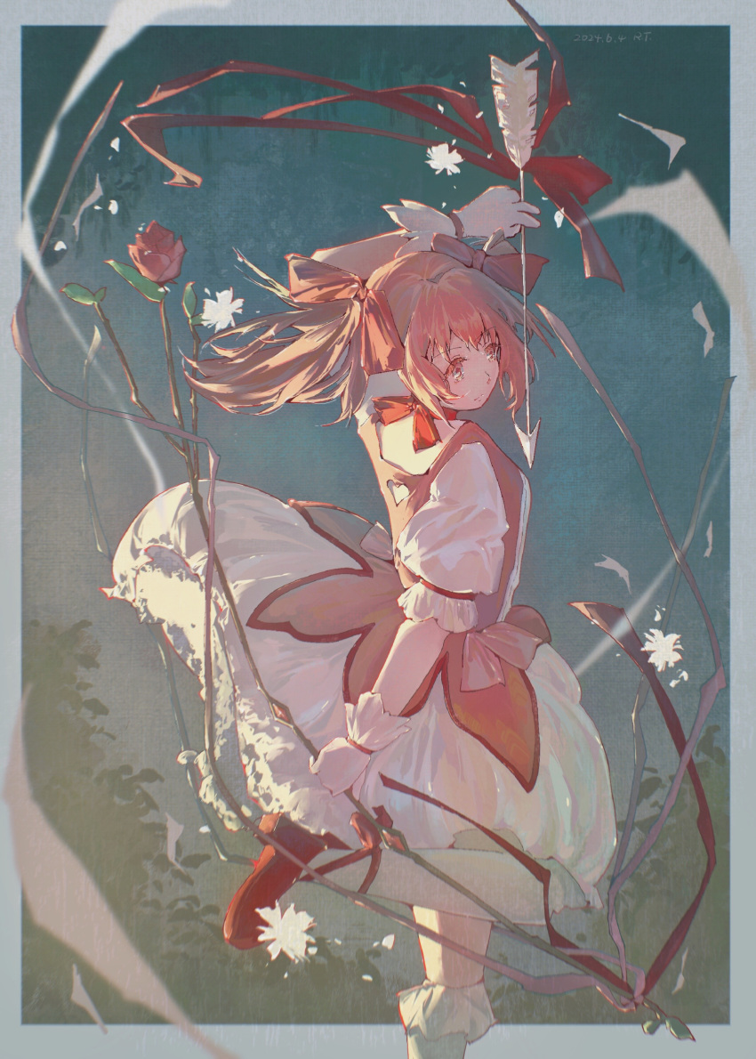 1girl, absurdres, arrow_(projectile), back_cutout, blue_sky, border, bow, bow_(weapon)