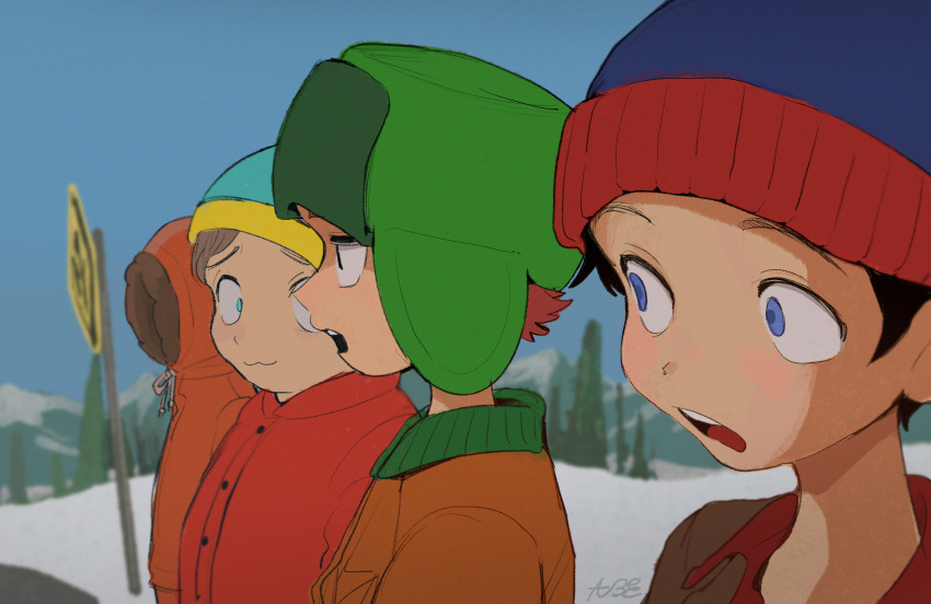 4boys, :3, absurdres, black_hair, blue_beanie, blue_eyes, blue_sky, brown_jacket