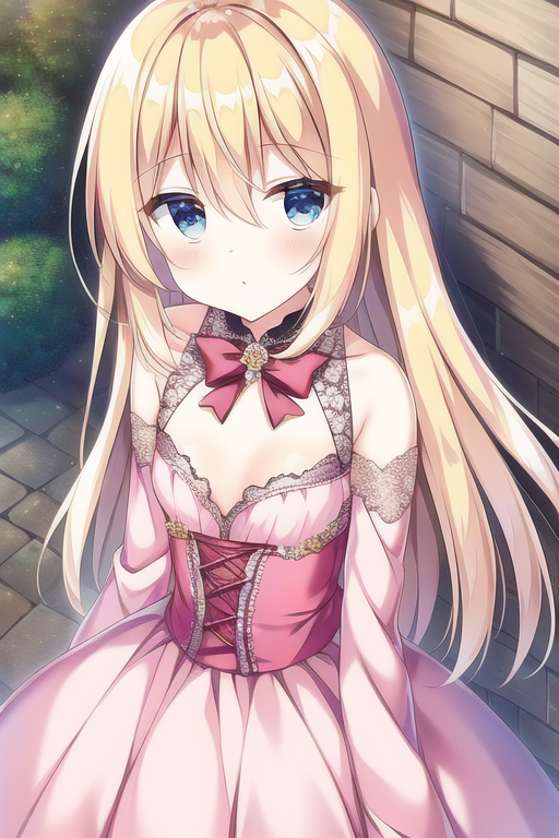 1girl, blonde_hair, blue_eyes, long_hair, pink_dress, princess, rougo_ni_sonaete_isekai_de_8-manmai_no_kinka_wo_tamemasu, sabine
