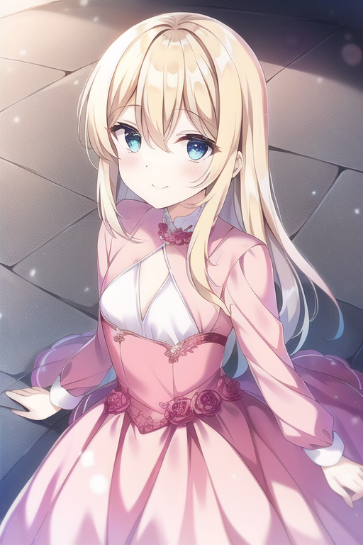 1girl, blonde_hair, blue_eyes, pink_dress, princess, rougo_ni_sonaete_isekai_de_8-manmai_no_kinka_wo_tamemasu, sabine