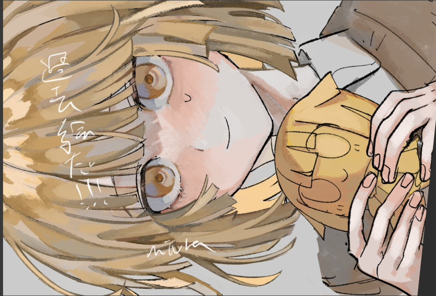 1girl, blonde_hair, blunt_bangs, blunt_ends, blush, brown_sweater, character_doll, closed_mouth, collared_shirt, commentary_request, doll, fingernails, grey_background, haikei_(vocaloid), highres, holding, holding_doll, looking_at_viewer, miurayukihito, orange_eyes, original, portrait, shirt, short_hair, sideways, simple_background, smile, solo, sweatdrop, sweater, turiel, vocaloid, white_shirt