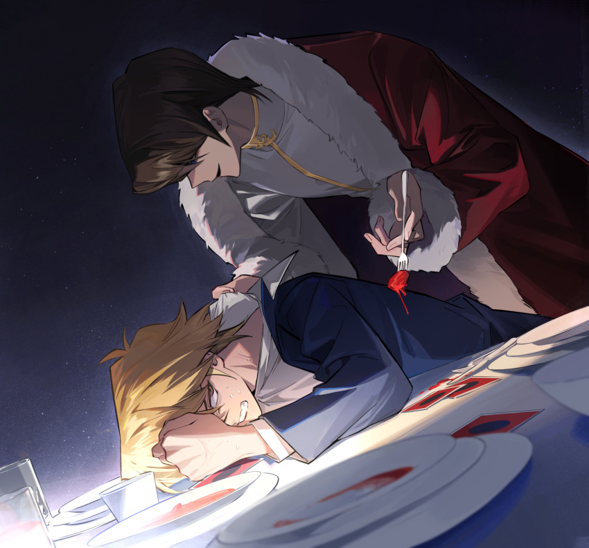 2boys, angry, blonde_hair, blue_eyes, blue_jacket, brown_eyes, brown_hair, cape