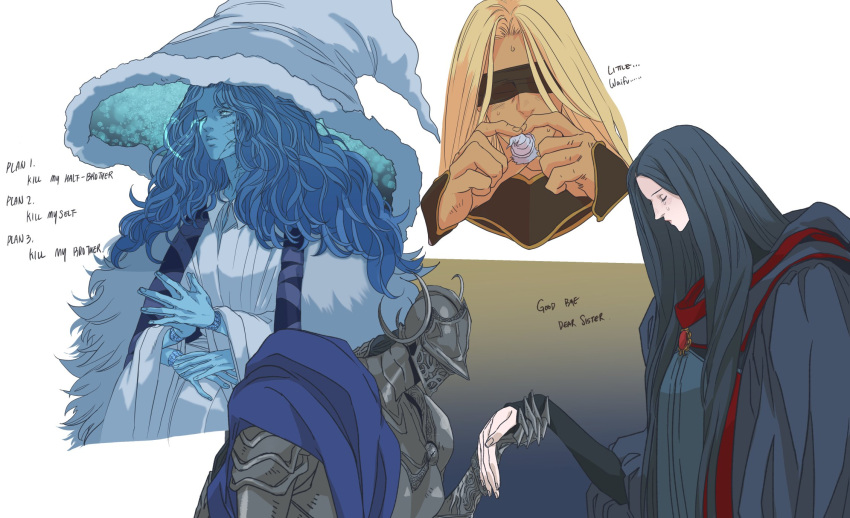 4girls, armor, aunt_and_niece, black_blindfold, black_hair, black_sleeves, blindfold, blue_cape