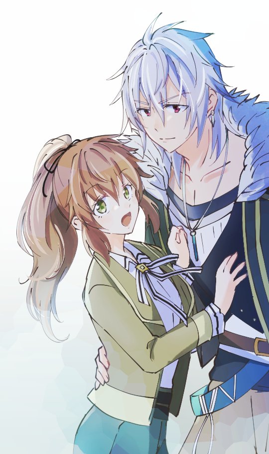 1boy, 1girl, :d, appleajyuxxxx, arm_around_back, belt, brown_hair, closed_mouth