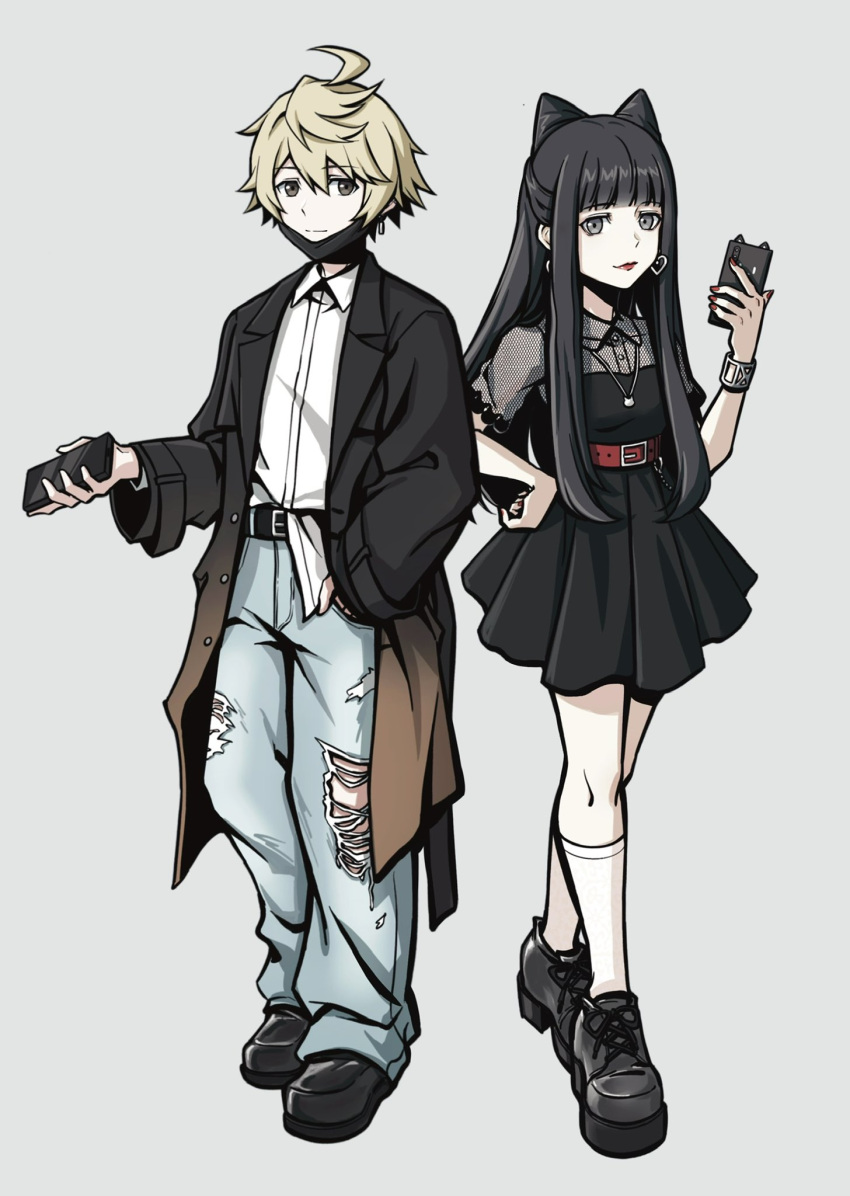 1boy, 1girl, ahoge, alternate_costume, alternate_hairstyle, belt, belt_buckle, black_dress