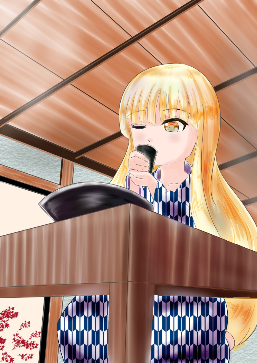 1girl, blonde_hair, blue_eyes, japanese_clothes, kimono, princess, purple_kimono, rougo_ni_sonaete_isekai_de_8-manmai_no_kinka_wo_tamemasu