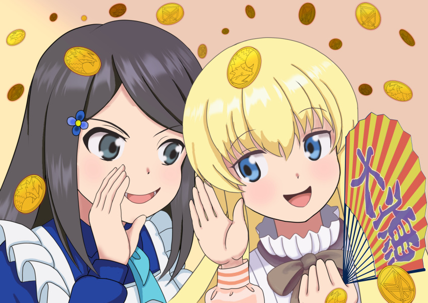 2girls, black_hair, blonde_hair, blue_dress, blue_eyes, green_eyes, grey_eyes, multiple_girls