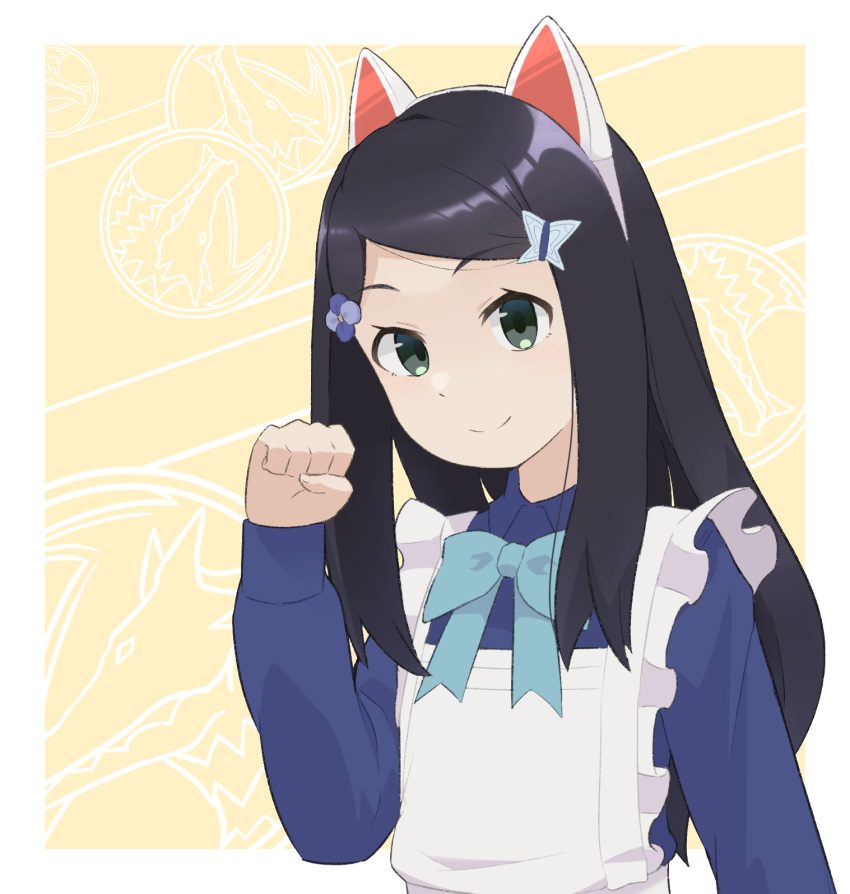 1girl, animal_ear_fluff, animal_ears, black_hair, blue_dress, cat_ears, cat_girl, grey_eyes