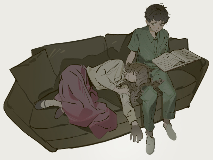 1boy, 1girl, black_hair, book, breast_pocket, brown_hair, closed_mouth, commentary, couch, fear_&amp;_hunger, fear_&amp;_hunger_2:_termina, green_jumpsuit, hand_on_own_arm, highres, holding, holding_book, jumpsuit, lap_pillow, levi_(fear_&amp;_hunger), long_hair, long_skirt, long_sleeves, looking_at_another, lying, marina_(fear_&amp;_hunger), mary_janes, neck_ribbon, on_couch, on_side, open_book, pankepen, parted_lips, pink_skirt, pocket, ribbon, shirt, shoes, short_hair, short_sleeves, simple_background, sitting, skirt, sleeping, smile, socks, white_footwear, white_shirt, white_socks