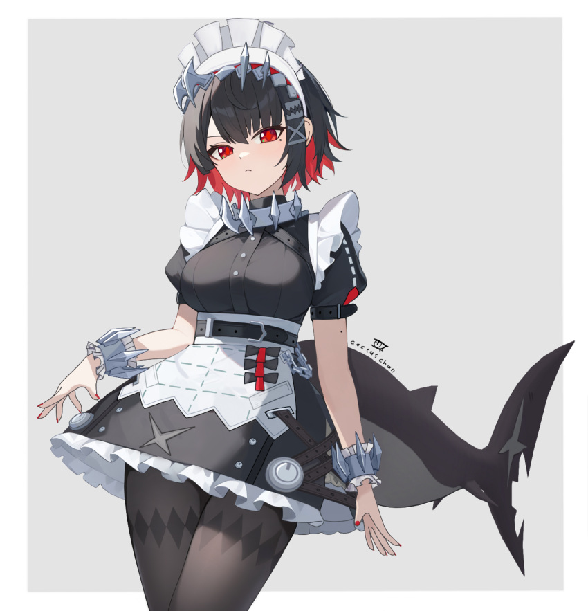 1girl, apron, artist_logo, artist_name, belt, black_belt, black_bow, black_dress