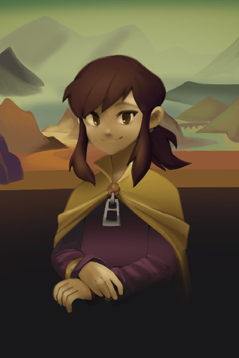 1girl, a_hat_in_time, brown_eyes, brown_hair, cape, closed_mouth, commentary, dirt_road