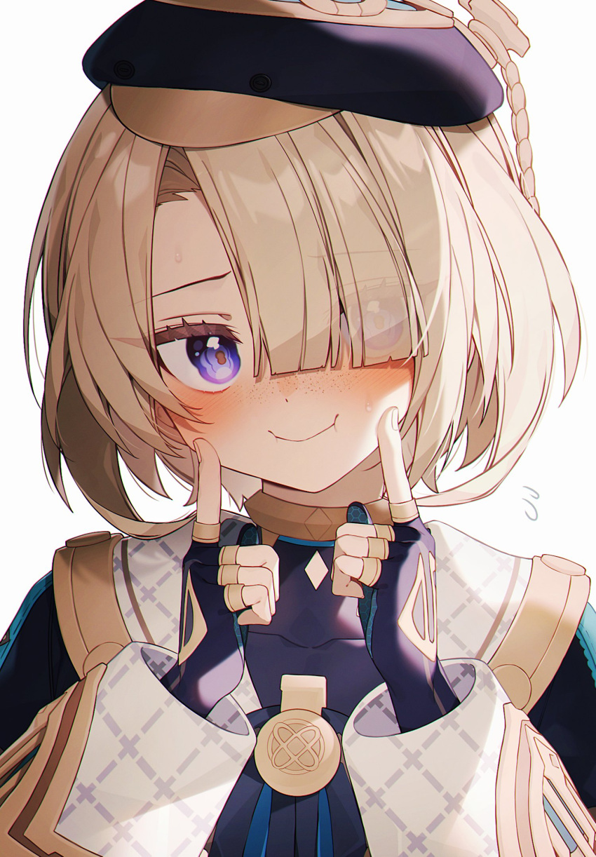 beret, black_gloves, black_hat, blonde_hair, blue_eyes, blush, closed_mouth, coojisan